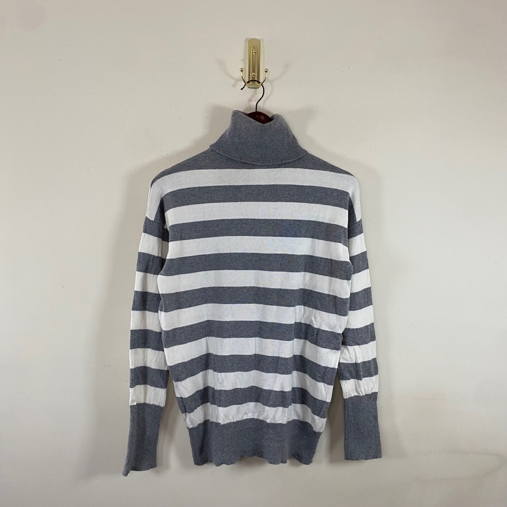 Gap Striped Turtleneck Knit Sweater‎ Gray White Womens Lg Ribbed Neutral Minimal